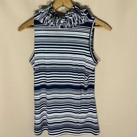 Milano Blue White Striped Sleeveless Frills Ruffled Neck Top Size M - Picture 9 of 12